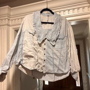 Free People Two toned denim top with Ruffle Collaar